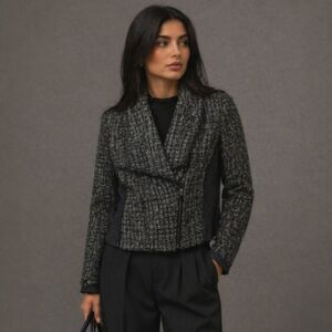 VTG Cache Gray Tweed Wool Blend Biker Jacket Sz10 Asymmetrical Zip Moto Blazer